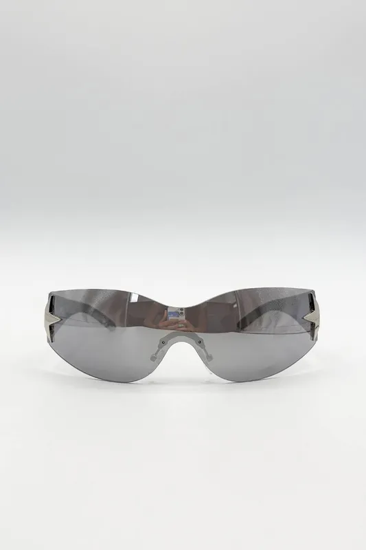 Svnx Unisex Racer Sunglasses w/ Star Hinge Detail in Silver Silver One Size female