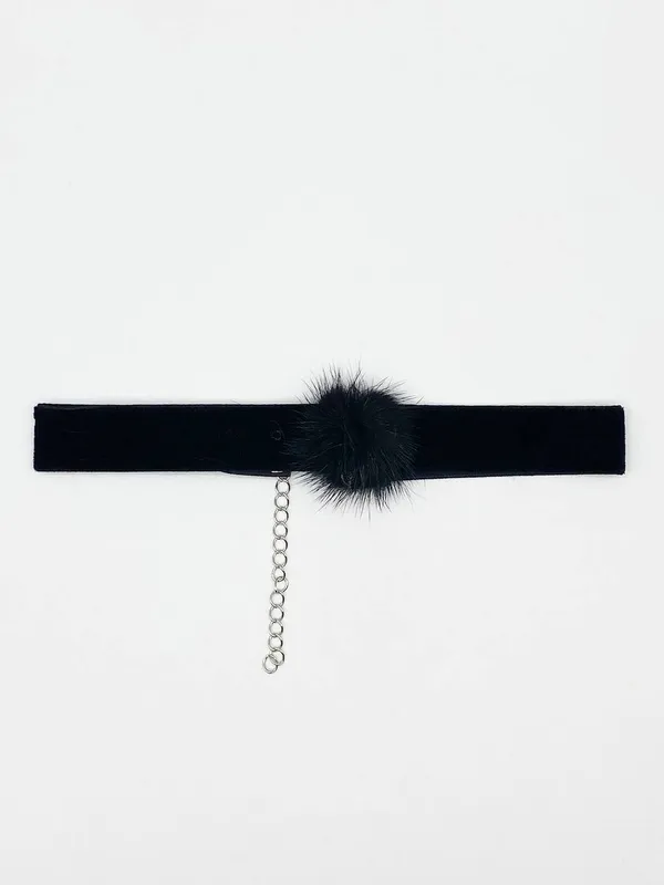 Svnx Women's Black Faux Velvet Band Choker Necklace w/ Black Pom Pom Black female