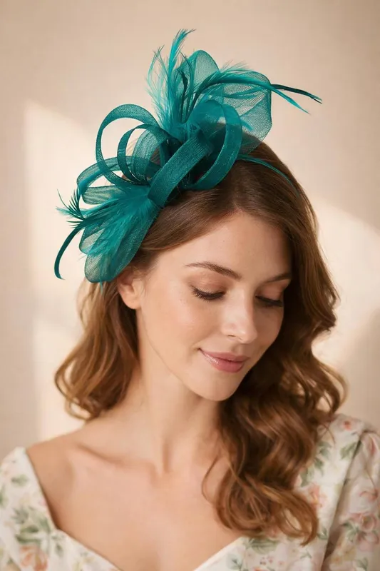 Svnx Women's Bow Feather Fascinator in Dark Green - Dark Green