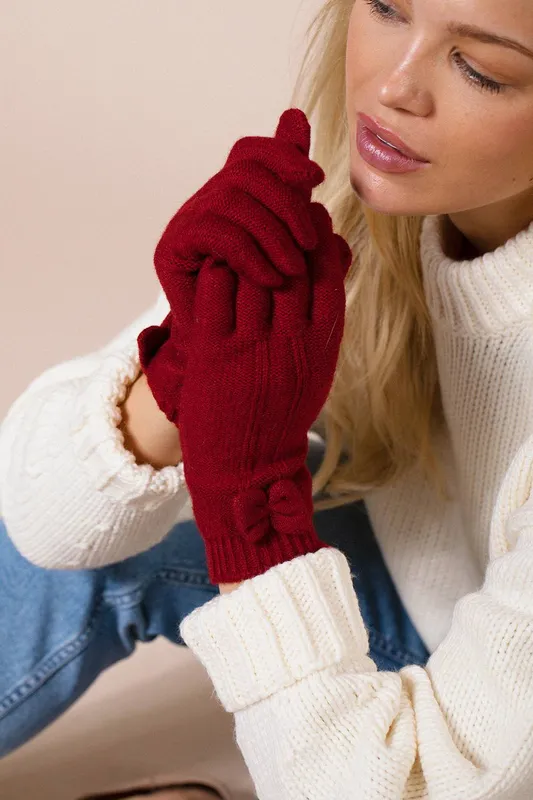 Svnx Women's Bow Knitted Gloves in Red Red One Size