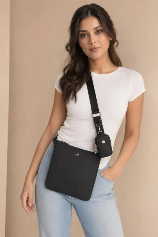 Svnx Women's Crossbody Handbag with Detachable Mini Pouch - Black - Black
