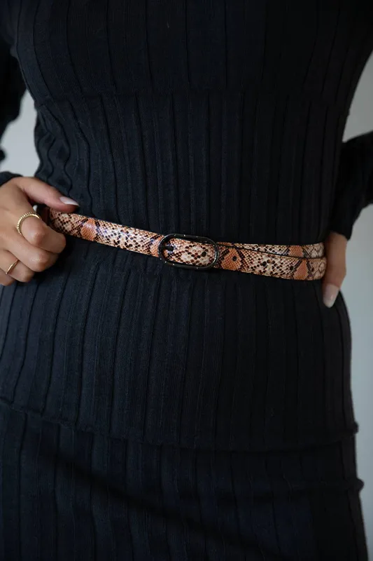 Svnx Women's Faux Snake Print Thin Belt in Coral - Coral
