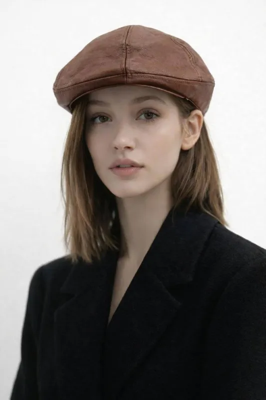 Svnx Womens Brown Pu Flat Cap - One Size