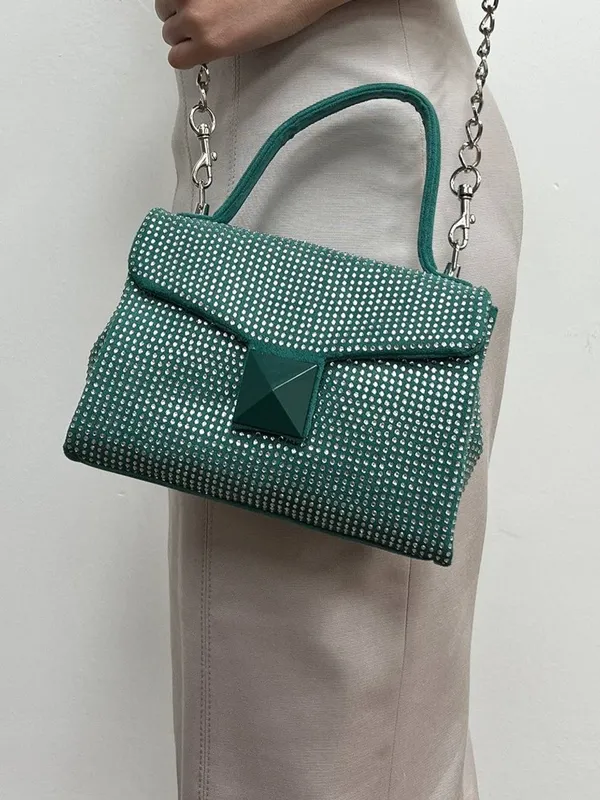 Svnx Women's Green Suede Rhinestone Grab Bag Green