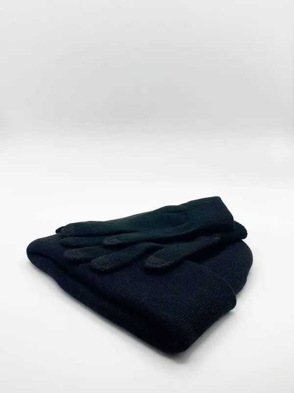Svnx Women's Knitted Beanie & Gloves Set in Black - Black
