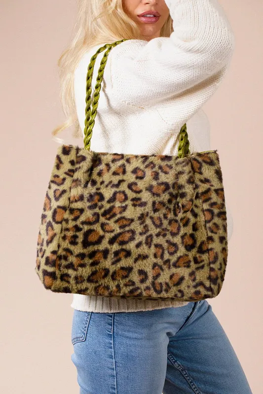 Svnx Women's Leopard Faux Fur Tote in Green Green female