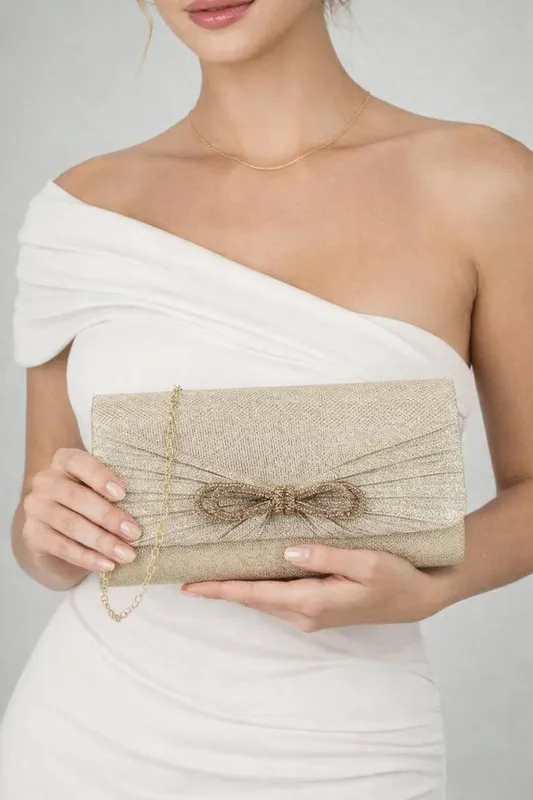 Svnx Women's Metallic Clutch w/ Diamante Bow in Gold Gold female