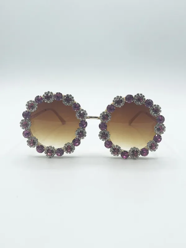 Svnx Women's Round Floral Crystal Gem Sunglasses in Pink - Pink