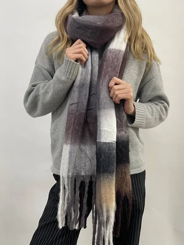 Svnx Women's Soft Chunky Checked Scarf with Tassels - Muted Browns in Brown - Brown