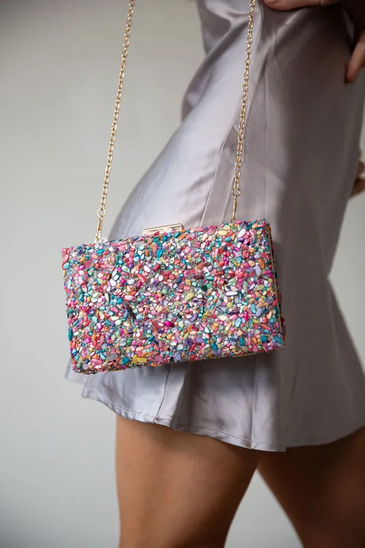 Svnx Women's Embellished Square Clutch Bag in Multi Multicolor