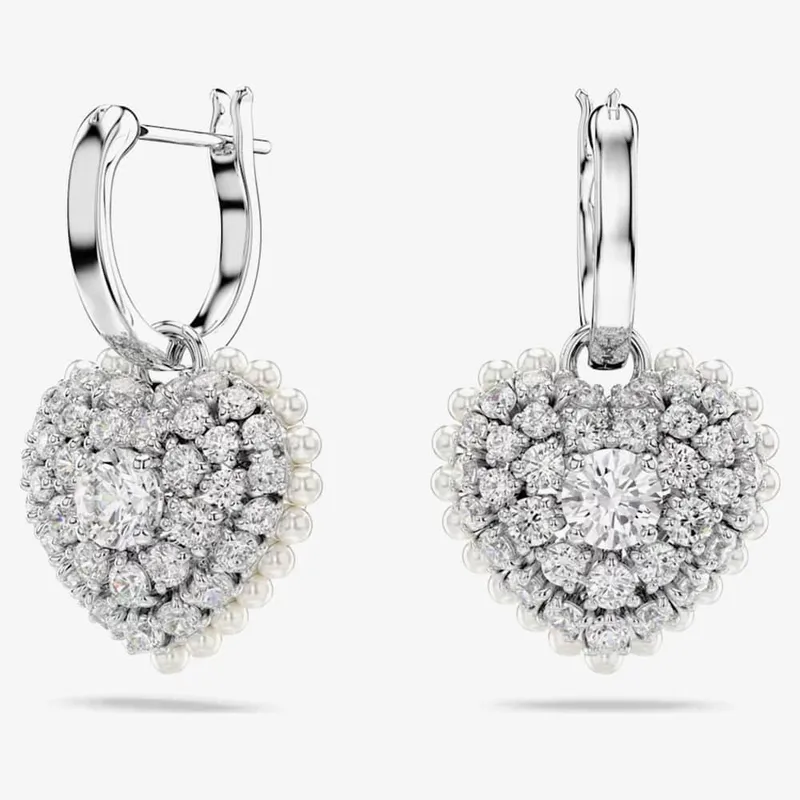 Swarovski Women's Hyperbola Rhodium Plated White Heart Dropper Earrings 5684384 in Silver - Silver