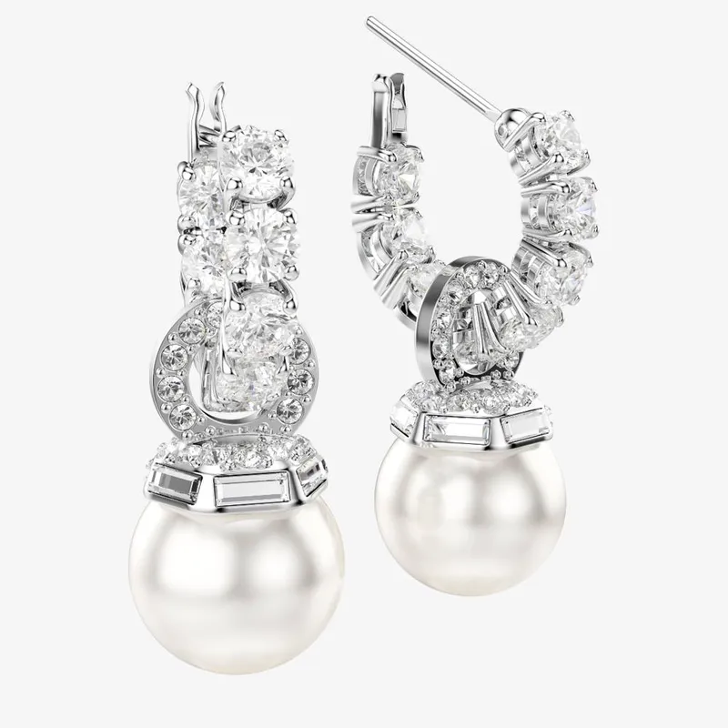 Swarovski Women's Matrix White Hoop Pearl Drop Earrings 5691716 in Silver - Silver