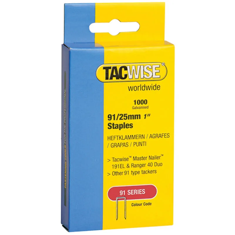 Tacwise 91 Narrow Crown Staples 25mm - Electric Tackers Pack 1000 TAC0285