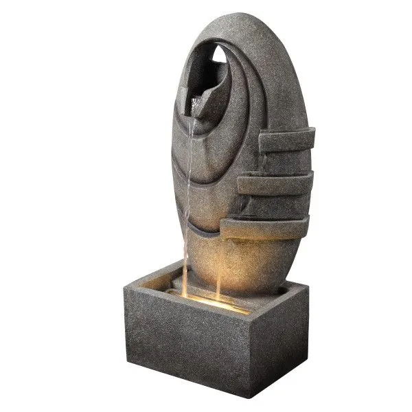 Teamson Home Garden Outdoor Water Feature, Modern Oval Water Fountain, With Warm LED Lights, Grey Grey