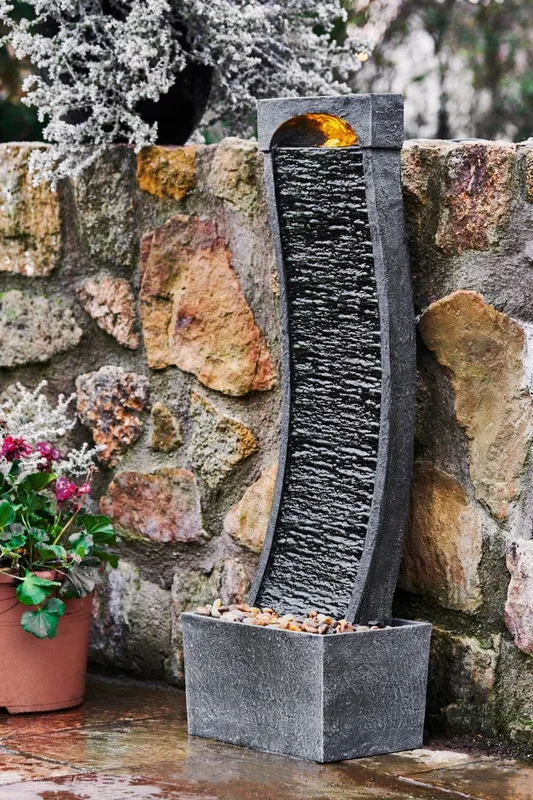 Teamson Home Large Outdoor Curved Water Feature, Modern Waterfall Effect with LED Lights, Grey Grey