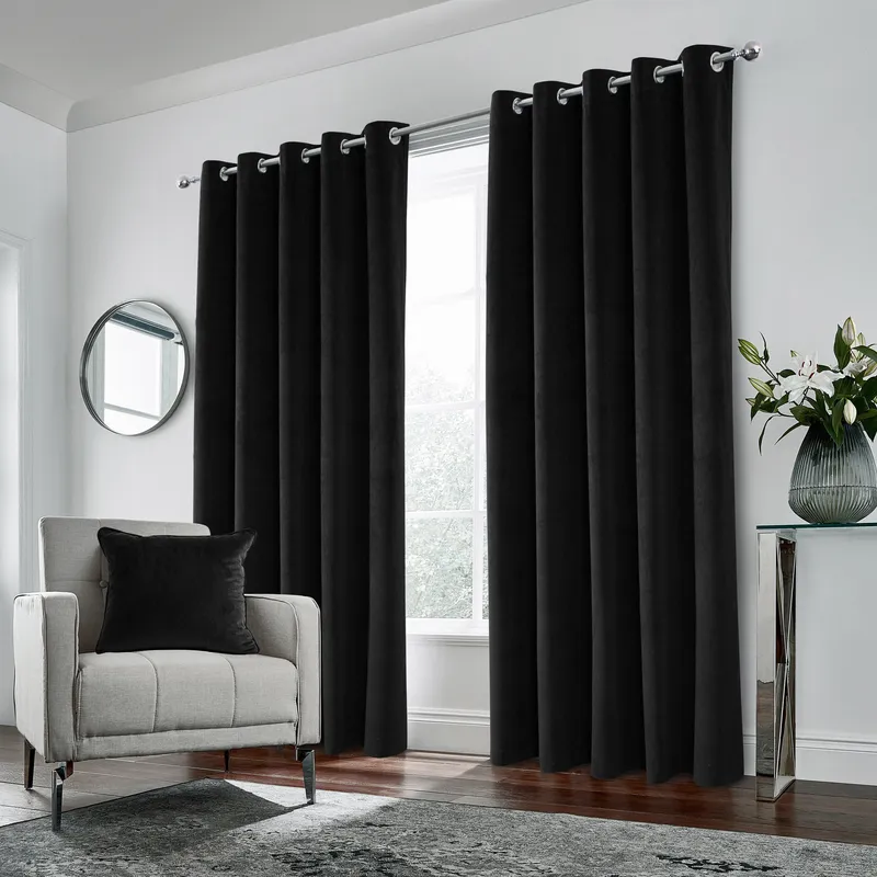 Terrys Hampton Velvet Ready Made Blackout Eyelet Curtains Black