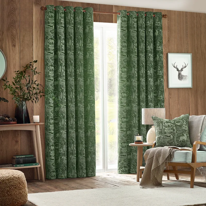 Furn Winter Woods Animal Chenille Eyelet Curtain Pair in Emerald Size: 229cm width x 137cm drop - Emerald