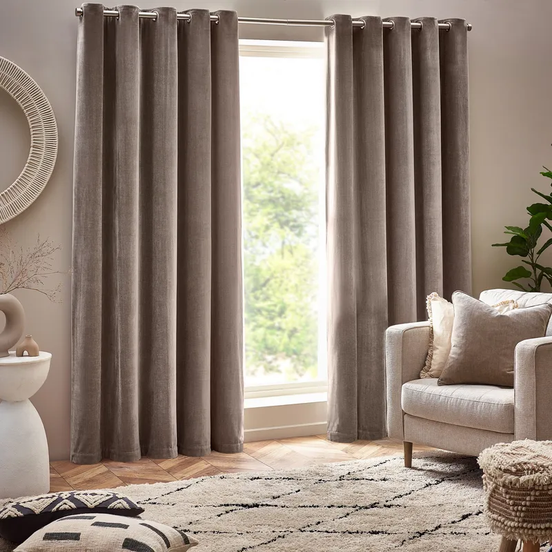 Elowise Greige Heavy Chenille Eyelet Curtain Pair, 117 x 183cm