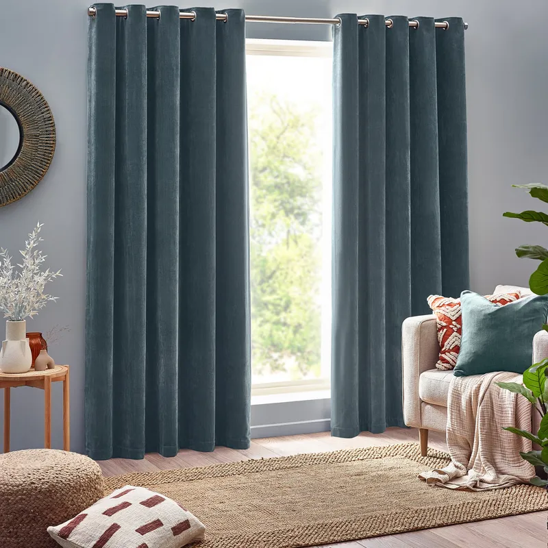Terrys Yard Heavy Chenille Velvet Ready Made Eyelet Curtains Marine