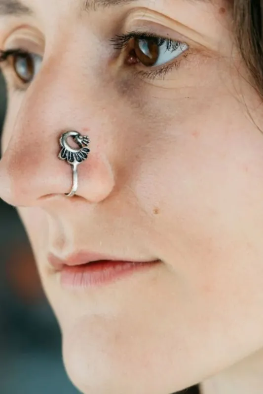 The Colourful Aura Oxidized German Silver Peacock Round Clip On Indian Animal Nose Pin Silver