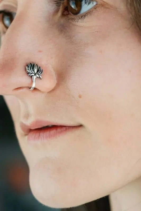 The Colourful Aura Floral Lotus Oxidised German Silver Gypsy Tribal Non Pierced Nose Pin Silver
