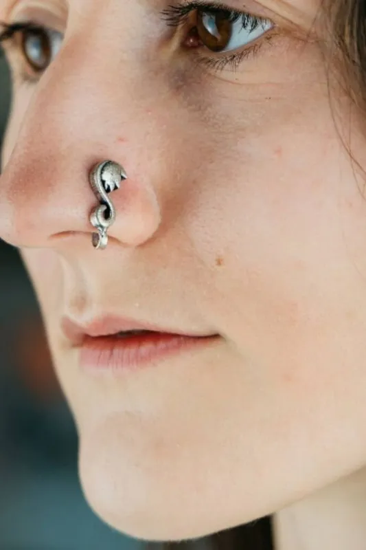 The Colourful Aura Lotus Floral Oxidized Silver Clip on Non Pierced Tribal Boho Nose Pin Silver