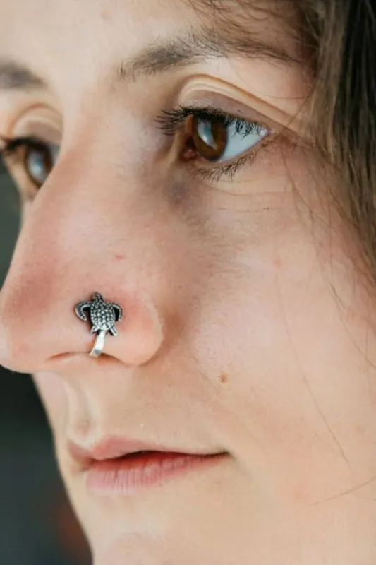 The Colourful Aura Oxidized German Silver Turtle Tortoise Clip On Non Pierced Nose Pin Silver