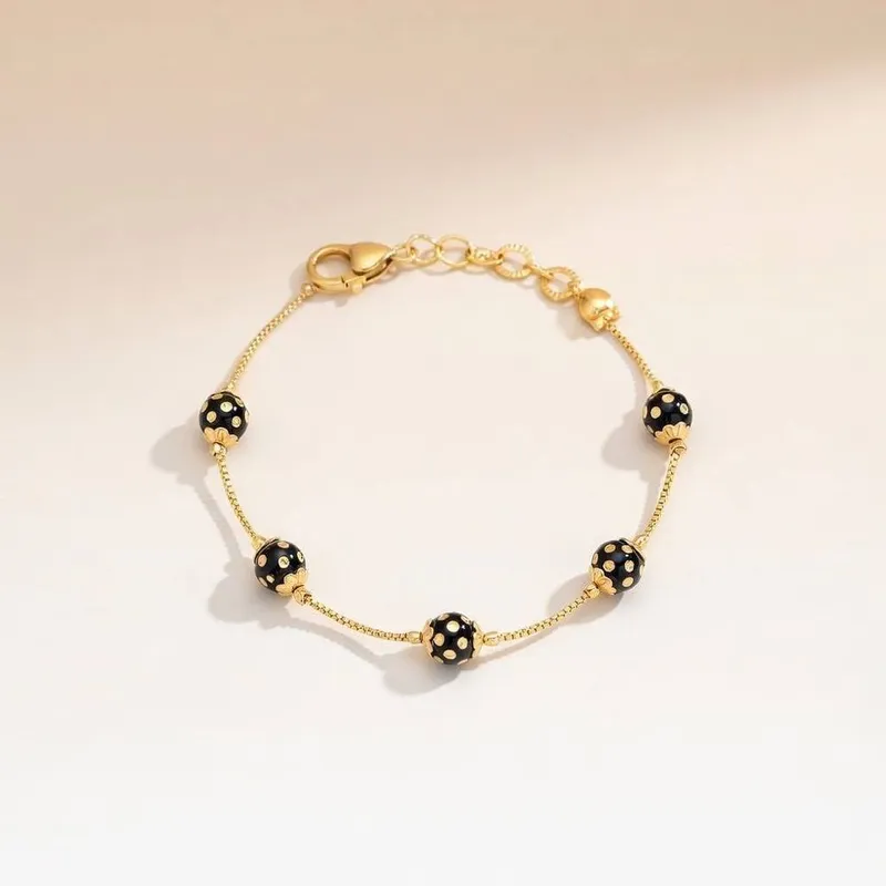 The Colourful Aura Women's Black Ball Slim Gold Plated Elegant Bracelet Size: 8 - Black