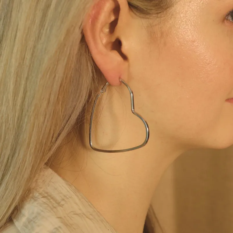The Colourful Aura Women's Boho Large Heart Geometric Hoop Earrings in Silver - Silver