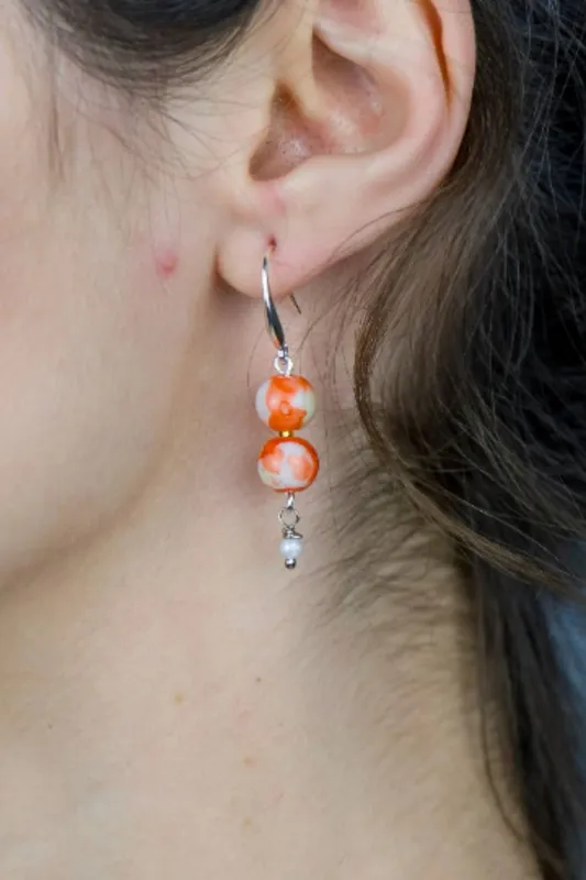 The Colourful Aura Women's Colourful Orange Double Marble Pearl Earrings - Orange
