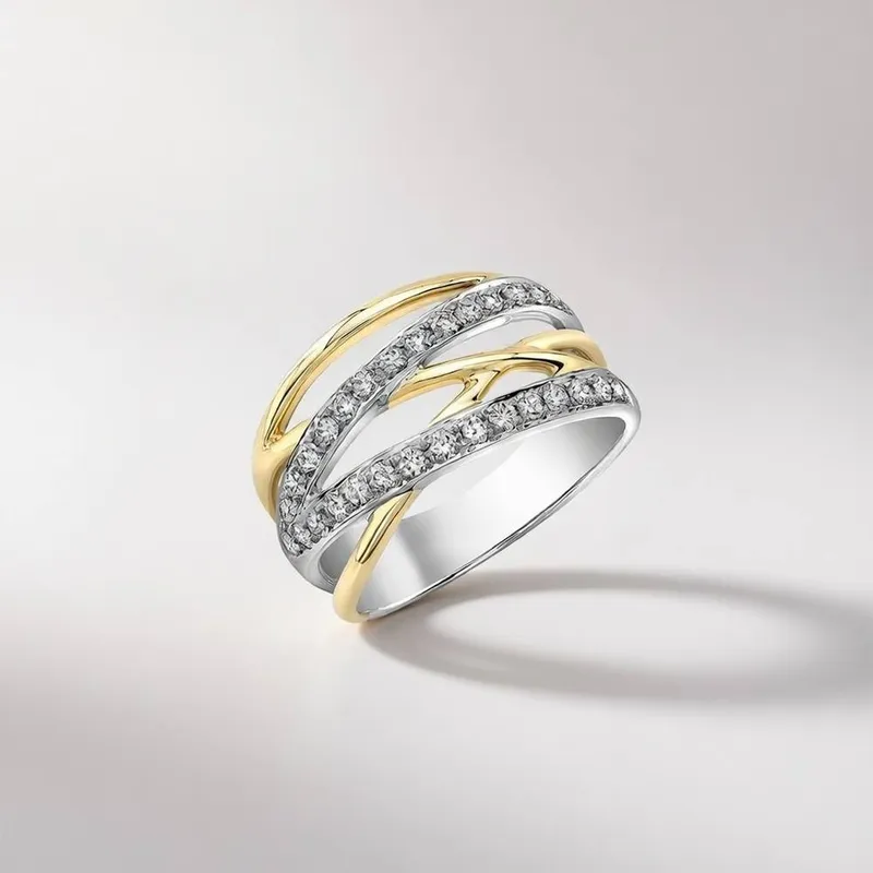 The Colourful Aura Women's Cross Wide Silver Gold Stone Band Ring Size: 6 - Silver - Size: 6