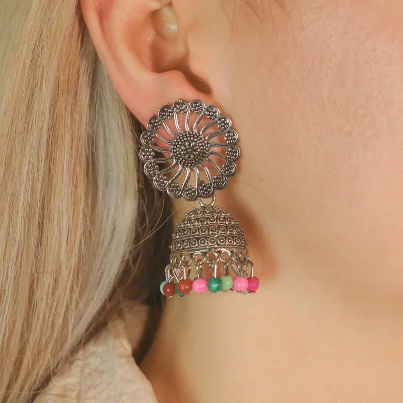 The Colourful Aura Women's Floral Oxidised Indian Asian Drop Jhumkis in Silver Silver