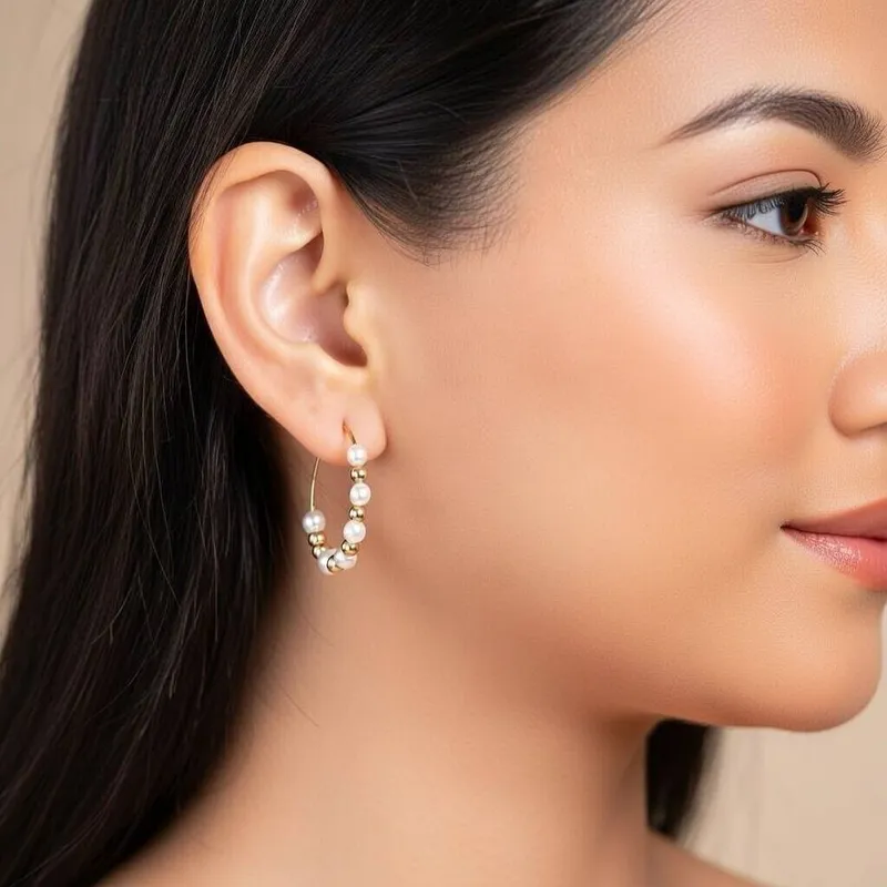 The Colourful Aura Women's Gold White Beaded 30mm Bali Hoop Earring - Gold