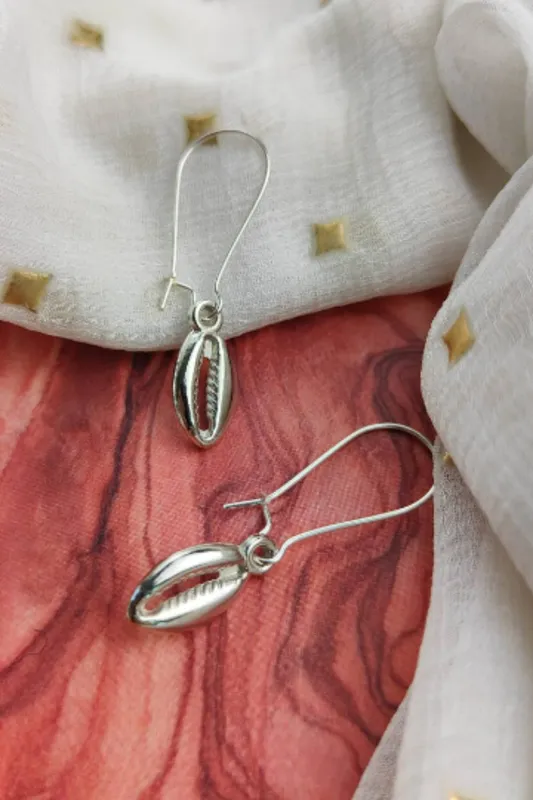 The Colourful Aura Women's Long Cowrie Sea Shell Charm Dangle Earrings in Silver - Silver
