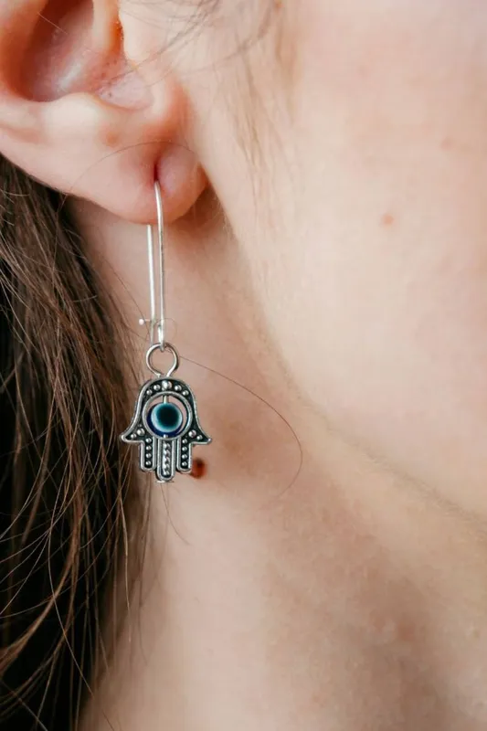 The Colourful Aura Women's Long Silver Evil Eye Fatima Hand Hamsa Earrings - Silver