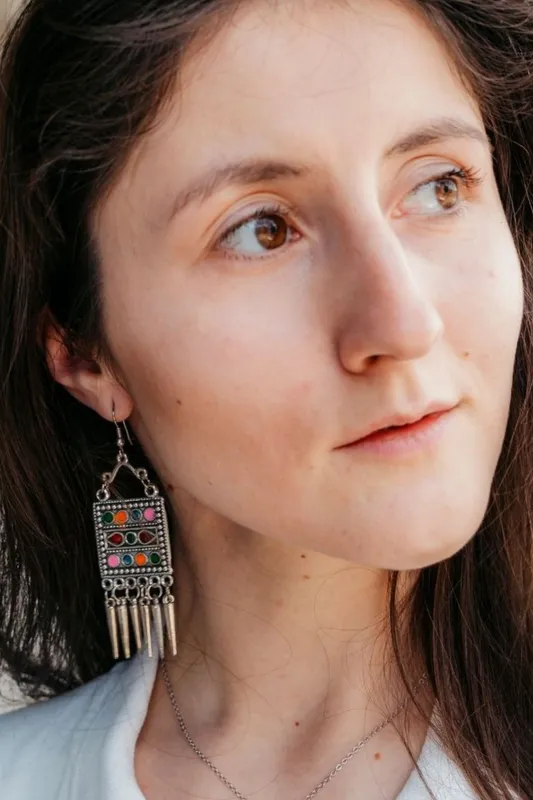 The Colourful Aura Women's Oxidised Colourful Square Drop Earrings in Silver - Silver