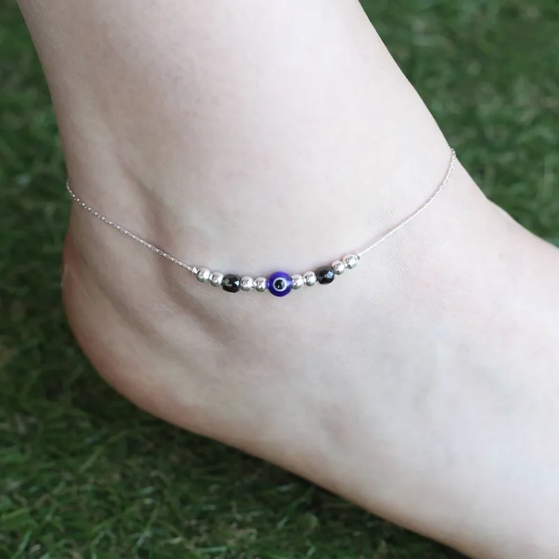 The Colourful Aura Women's Pure Silver Beaded Evil Eye Nazar Payal Anklet - Silver