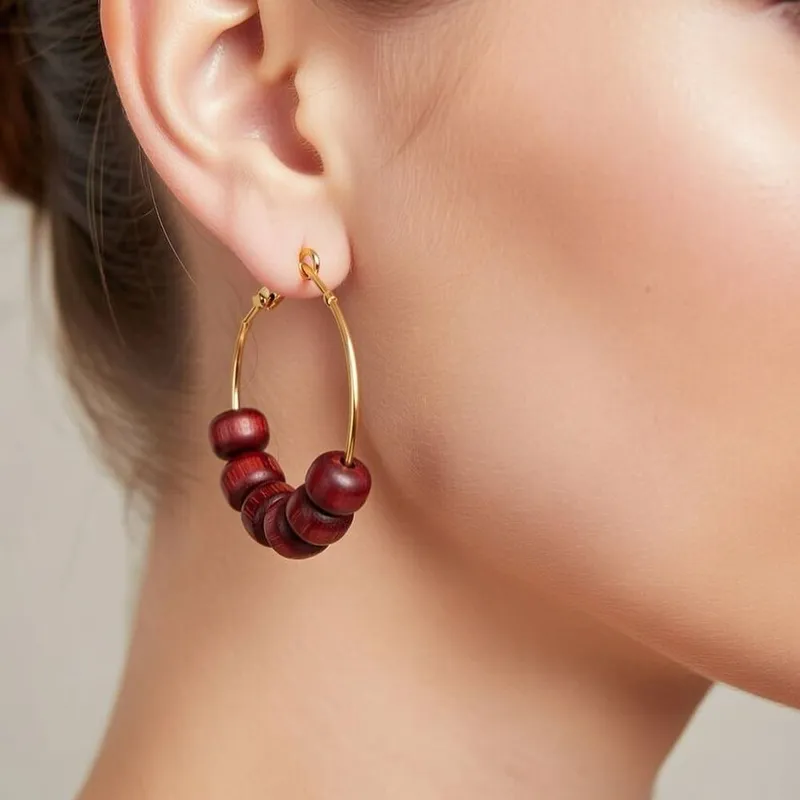The Colourful Aura Women's Red Sandalwood Beaded Bali Hoop Earring - Red