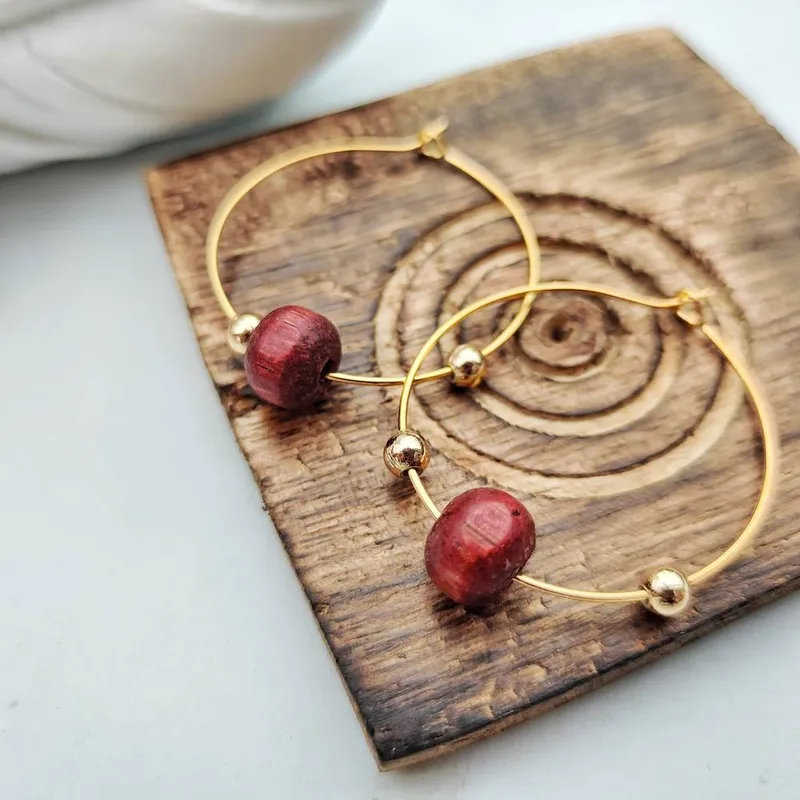 The Colourful Aura Women's Red Sandalwood Beaded Dangle Hoop Earrings - Red