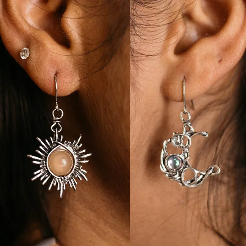 The Colourful Aura Women's Sun & Half Moon Wire Wrapped Dangle Drop Earrings in Silver Silver One Size female