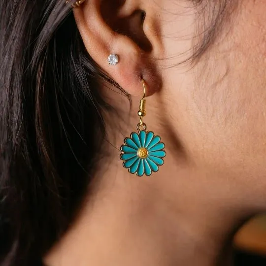 The Colourful Aura Women's Sunflower Floral Charm Sun Flower Drop Earrings in Blue - Blue