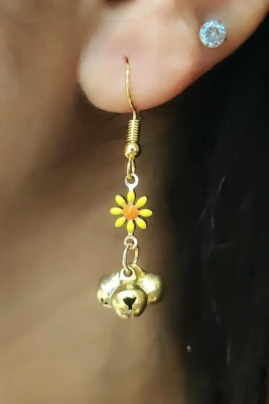 The Colourful Aura Women's Sunflower Ghungroo Charm Drop Earrings in Yellow - Yellow