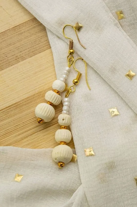 The Colourful Aura Women's Three Beads Shell White Drop Earring in Gold - Gold