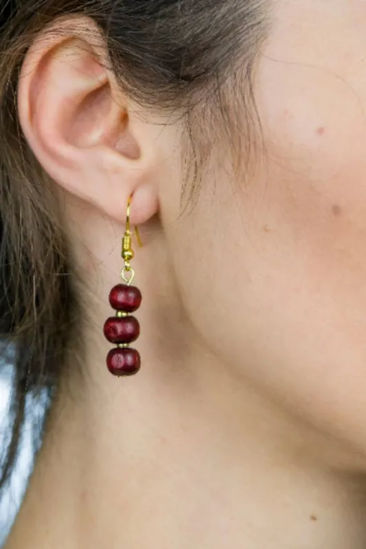 The Colourful Aura Women's Three Red Sandalwood Pearl Drop Dangle Earrings - Red