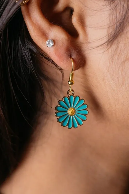 The Colourful Aura Women's White Blue Sunflower Charm Drop Earrings - Blue