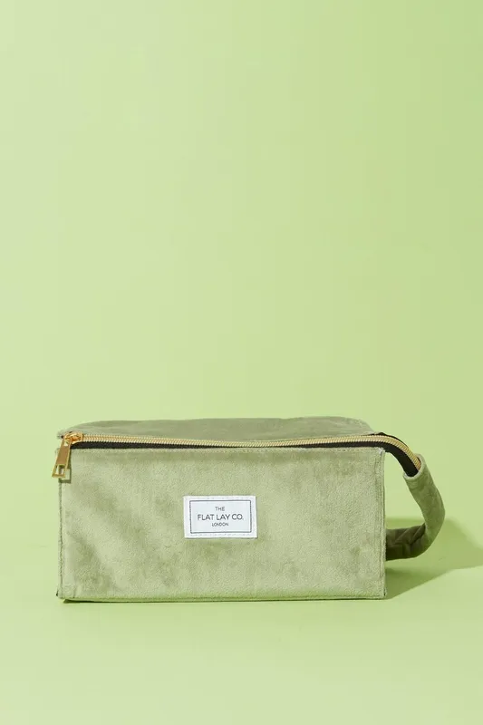 The Flat Lay Co Women's Sage Velvet Open Flat Makeup Box Bag Sage One Size