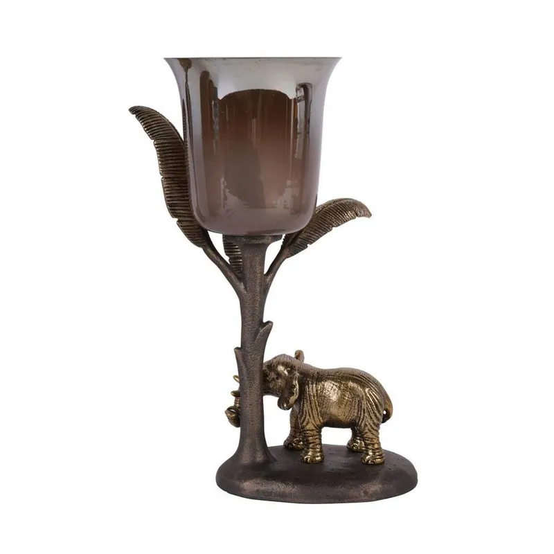 The Libra Company Kariba Elephant Hurricane Small - Glass/Aluminium - L16xW20xH31.5 cm in Brown Brown