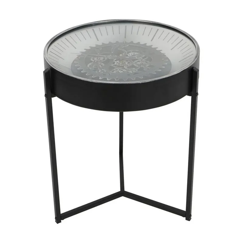 The Libra Company Palladium Side Table Clock With Moving Cogs - Metal/Glass/Mdf/Plastic in Black Black