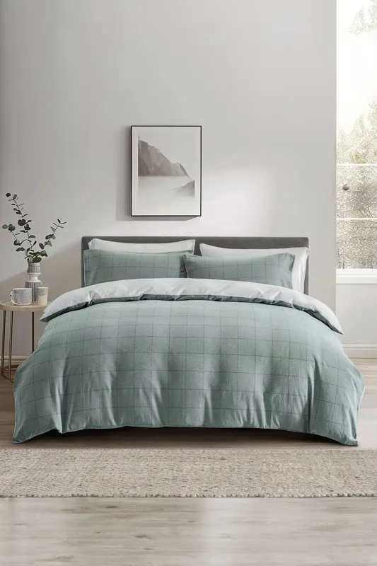 The Linen Consultancy Lazy Linens Soft Squares Duvet Cover Set in Mid Blue Size: Single Mid Blue