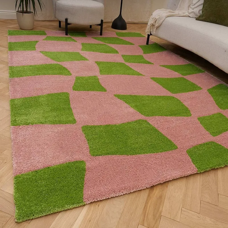 The Rugs Joli Chequered Soft & Dense Pile Living Room & Bedroom Rug in Green Size: 200cm x 290cm - Green